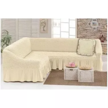 Бежевый Турецкая накидка на угловой диван с оборкой, натяжной чехол на диван