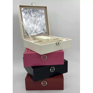 Скринька для прикрас стьобана з великим дзеркалом, що відкидається, маленька скринька всередині колір слонова кістка