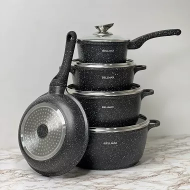 Набор посуды с гранитным антипригарным покрытием BellMax BM-305 из 12 предметов Черный Набор посуды с гранитным антипригарным покрытием BellMax BM-305 из 12 предметов Черный