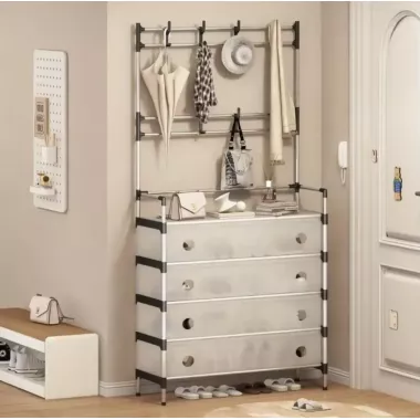 NEW Залізна вішалка для одягу + підставка для взуття, 2 в одному, 4 полиці Бежева