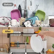 Багатофункціональна Двоярусна полиця - органайзер JYH для сушіння посуду над раковиною, чорна 65 см