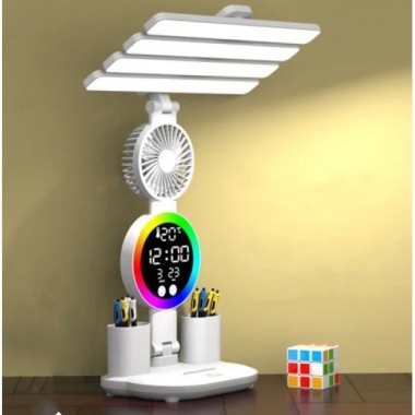 Акумуляторна LED лампа / Настільна лампа з 4 плафонами, RGB-підсвічуванням, годинником та вентилятором
