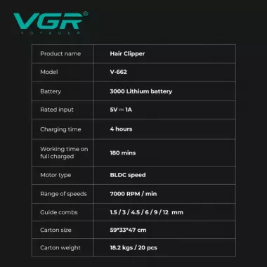Аккумуляторная машинка для стрижки VGR V-662 GREEN, 7000 RPM, 6 насадок, LED дисплей