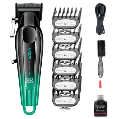 Аккумуляторная машинка для стрижки VGR V-662 GREEN, 7000 RPM, 6 насадок, LED дисплей