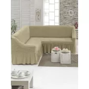 Бежевый Турецкая накидка на угловой диван с оборкой, натяжной чехол на диван