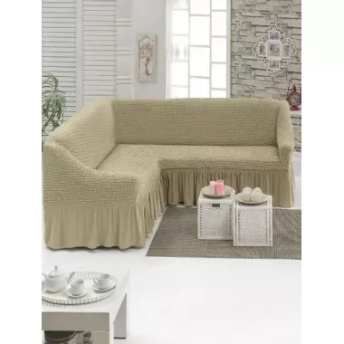 Зеленый Турецкая накидка на угловой диван с оборкой, натяжной чехол на диван