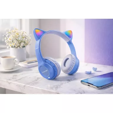Беспроводные наушники с кошачьими ушками и лед подсветкой Cat Ear Y47 Led, Bluetooth наушники с микрофоном Синий