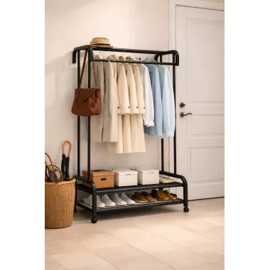 Металлическая напольная вешалка-органайзер для одежды с полками для обуви Металлическая напольная вешалка-органайзер для одежды с полками для обуви