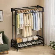 Металева підлогова вішалка-органайзер для одягу з полицями для взуття
