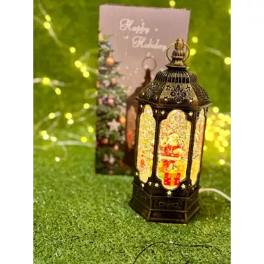 Новогодний фонарь/Декоративный снежный/водяной фонарь Санта с елкой и подсветкой 807