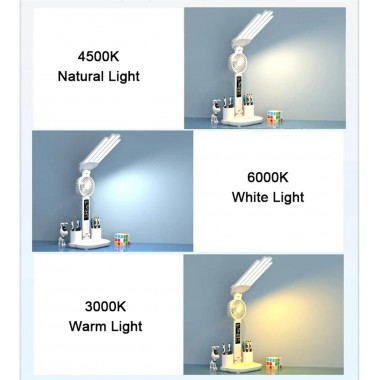 Акумуляторна LED лампа / Настільна лампа 3в1 з акумулятором 3200мАч та USB-дисплеєм / Акумуляторна LED лампа-органайзер з вентилятором та годинником