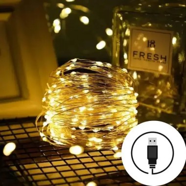 Новогодние гирлянды. Медная проволочная лампа 100LED 10м,  Теплый