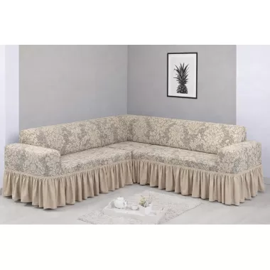 Угловой жаккардовый чехол на диван, универсальный натяжной чехол, накидка на диван Бежевый