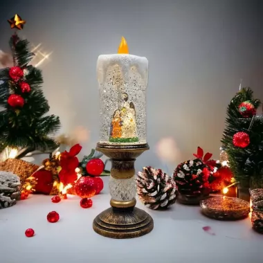 Снеговик Декоративная новогодняя LED свеча со снегом, 25см, от батареек и USB Снеговик Декоративная новогодняя LED свеча со снегом, 25см, от батареек и USB