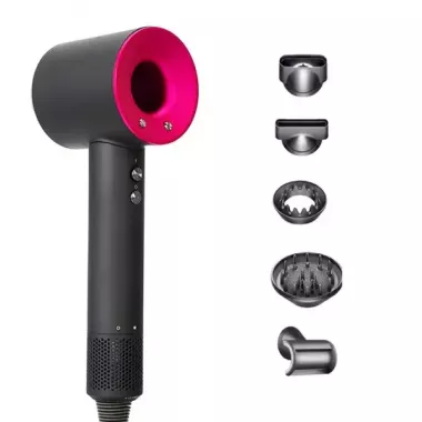 Фен  с 5 разными насадками для сушки и укладки  hair dryer fan серо-розовый