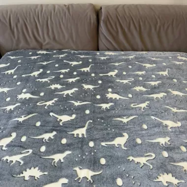 Флисовый полуторный плед 150х100, светящийся в темноте Динозавры серый