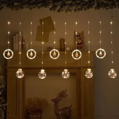 Гирлянда штора 3м с теплым желтым свечением Круги и шары елка, снеговик, дед мороз, олень, шапка SF-50 Гирлянда штора 3м с теплым желтым свечением Круги и шары елка, снеговик, дед мороз, олень, шапка SF-50