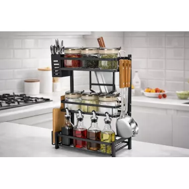 Металлический настольный органайзер для кухни / Подставка кухонная 3 уровня / Многофункциональный черный органайзер-стеллаж