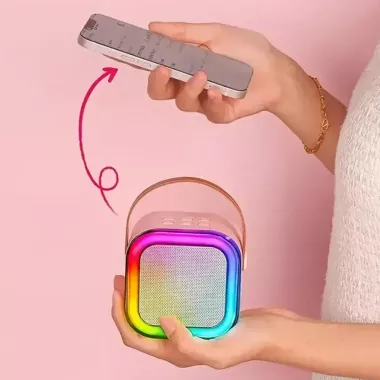 Мини-детское караоке K12 с 2 беспроводным микрофоном, портативная колонка с LED подсветкой PINK