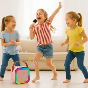 Мини-детское караоке K12 с 2 беспроводным микрофоном, портативная колонка с LED подсветкой PINK