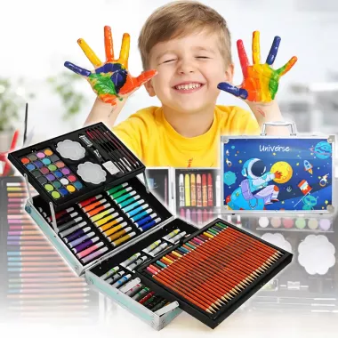 Набор для творчества Космонавт 145шт предметов алюминиевый чемодан синий / Детский набор для творчества / Набор художника