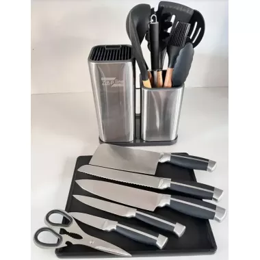 Набор ножей и кухонная утварь лопатки для кухни 17 в 1 дошечка для нарезки на тройной подставке, ножницы с напильником для заточки Zepline ZP-046 Набор ножей и кухонная утварь лопатки для кухни 17 в 1 дошечка для нарезки на тройной подставке, ножницы с напильником для заточки Zepline ZP-046