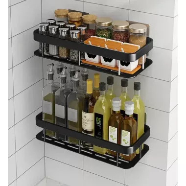 Настенная двухуровневая полка металлическая, самоклеящаяся для ванной комнаты, душевой.