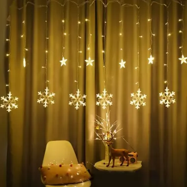 Новогодняя cветодиодная гирлянда шторка Снежинки и Звезды