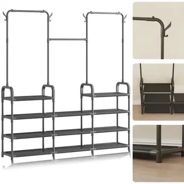 Стойка-вешалка для одежды и обуви Model1BLACK — 164×137×26см, 11полок, 4крючка, напольная, нержавеющая сталь Стойка-вешалка для одежды и обуви Model1BLACK — 164×137×26см, 11полок, 4крючка, напольная, нержавеющая сталь