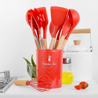 Силіконовий кухонний набір приладдя Kitchen Set 12 предметів (дерево+силікон)
