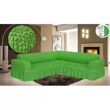 Зеленый Турецкая накидка на угловой диван с оборкой, натяжной чехол на диван