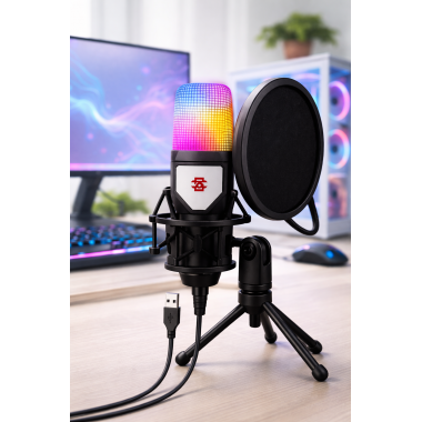 Игровой микрофон для ПК и приставки с RGB подстветкой / Микрофон конденсаторный с поп-фильтром на подставке для блоггеров Игровой микрофон для ПК и приставки с RGB подстветкой / Микрофон конденсаторный с поп-фильтром на подставке для блоггеров