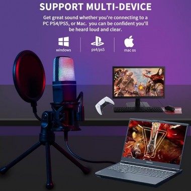 Игровой микрофон для ПК и приставки с RGB подстветкой / Микрофон конденсаторный с поп-фильтром на подставке для блоггеров Игровой микрофон для ПК и приставки с RGB подстветкой / Микрофон конденсаторный с поп-фильтром на подставке для блоггеров