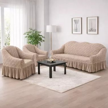 Жаккардовый турецкий чехол на диван и два кресла, универсальный натяжной чехол, накидка на диван Бежевый Жаккардовый турецкий чехол на диван и два кресла, универсальный натяжной чехол, накидка на диван Бежевый