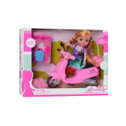 Кукла на мопеде , в коробке 925- ( 925-62(Pink) 15см, мопед,животное,очки,расческа,чемодан, в кор-ке, 29-22-5,5см)