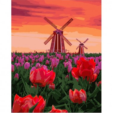 Картина по номерам Идейка Сельский пейзаж Тюльпаны на закате 40*50 см KHO2275