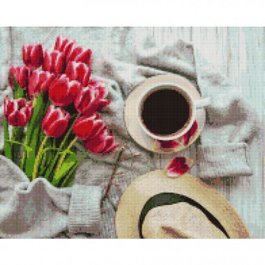Алмазна мозаїка "Чашка кави та рожеві тюльпани" Brushme DBS1048 40х50 см
