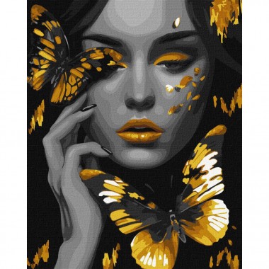 Картина по номерам Девушка с золотыми бабочками ©art_selena_ua Идейка KHO8307 40х50 см с красками металлик extra