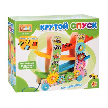 Деревянная игрушка "Трек" MD2594 каталка, машинки 4см 3шт, шестеренки