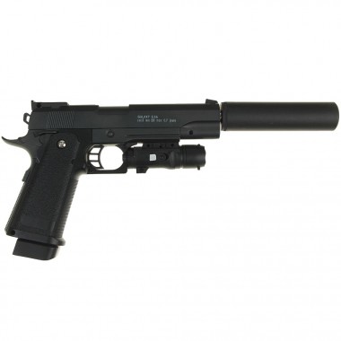 G6A Страйкбольный пистолет Galaxy Colt M1911 Hi-Capa с глушителем и прицелом  металл черный