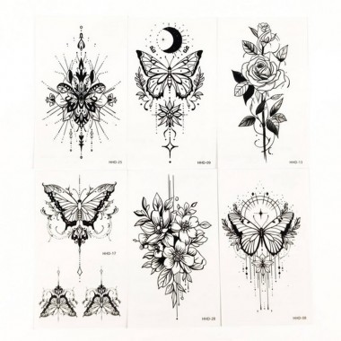 Набор временных тату «Бабочки и цветы №3» black-tattoo-mini-set-f03 из 6 черных по 9,5 х 5,5 см