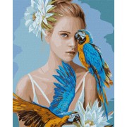Картина по номерам. Идейка Девушка с голубыми попугаями 40х50см KHO4802