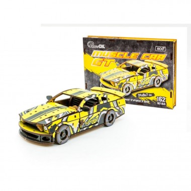 Деревянный 3D конструктор Muscle car GT Puz-00638, 162 детали, желтый