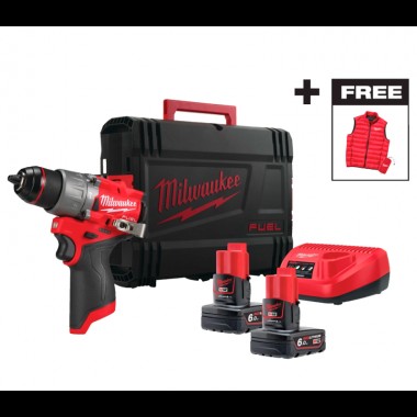 Дриль-шуруповерт акумуляторна безщіткова ударна MILWAUKEE M12 FPD2MC-602X (+ заряд.пристрій, 2 акум., HD кейс) + жилетка