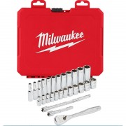 Набір головок торцевих хромованих 1/4'' MILWAUKEE, з тріскачкою та 2 подовжувачами, (28шт), пластико