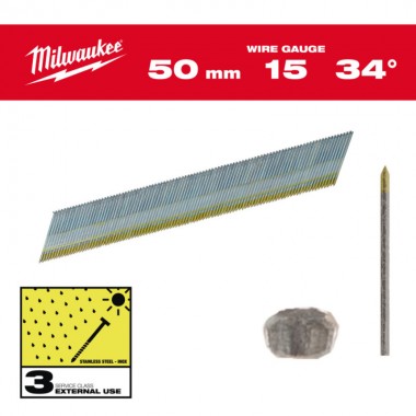 Гвозди из нержавейки с D-образной головкой MILWAUKEE, 15G/34°/50мм, (2500шт)