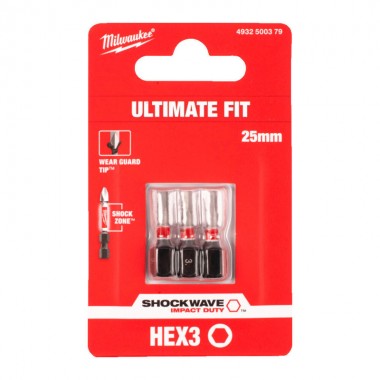 Біта SHOCKWAVE MILWAUKEE, Hex3, 25мм, (3шт)