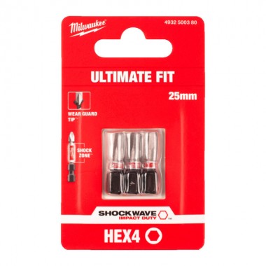 Бита SHOCKWAVE MILWAUKEE, Hex4, 25мм, (3шт)