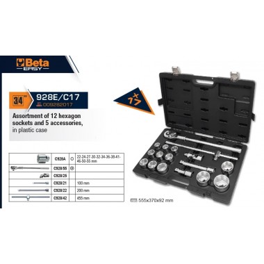 Набор головок 3/4 17 ед. 6-ти гранные (22-55мм) с трещоткой 928E/C17