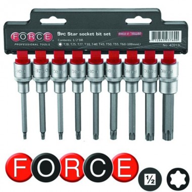 1/2" Набор головок-бит Е-профиль (Torx) удлиненных 9 пр., L=100 мм (FORCE 40913L)